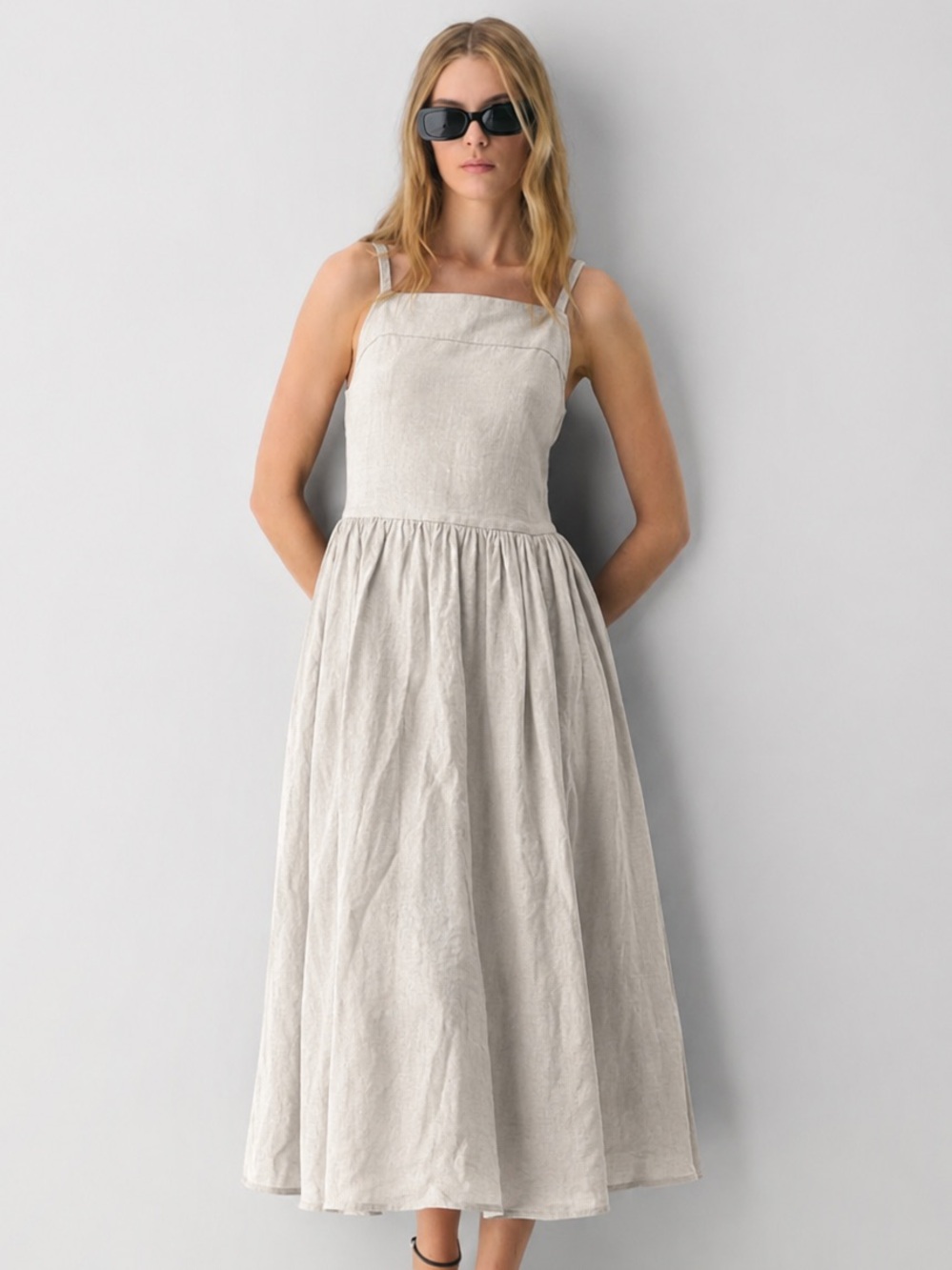 Dalia Linen Blend Midi Dress Large NWOT Neutral Beige Cottagecore Minimalist - Picture 2 of 14